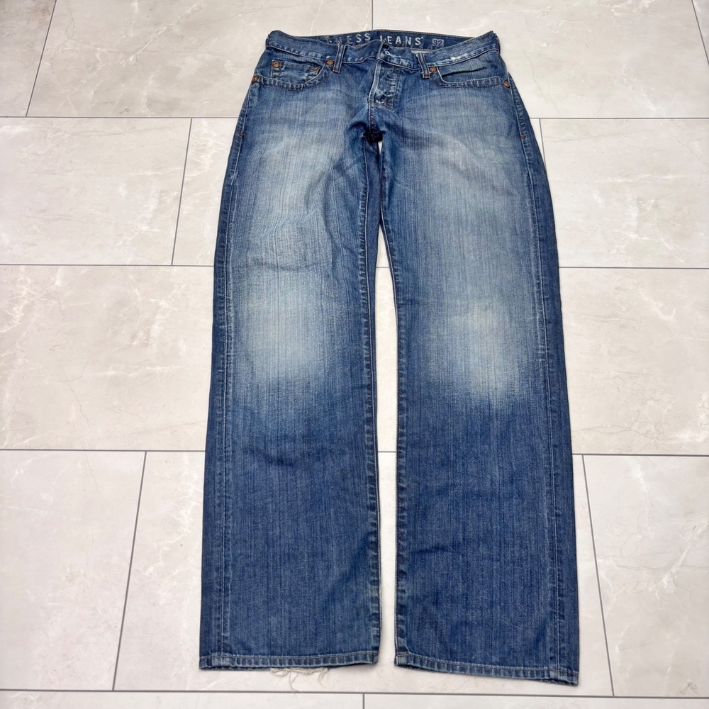 Guess Jeans Straight Leg Distressed Low Rise Y2K Medium Wash Denim Jeans 32